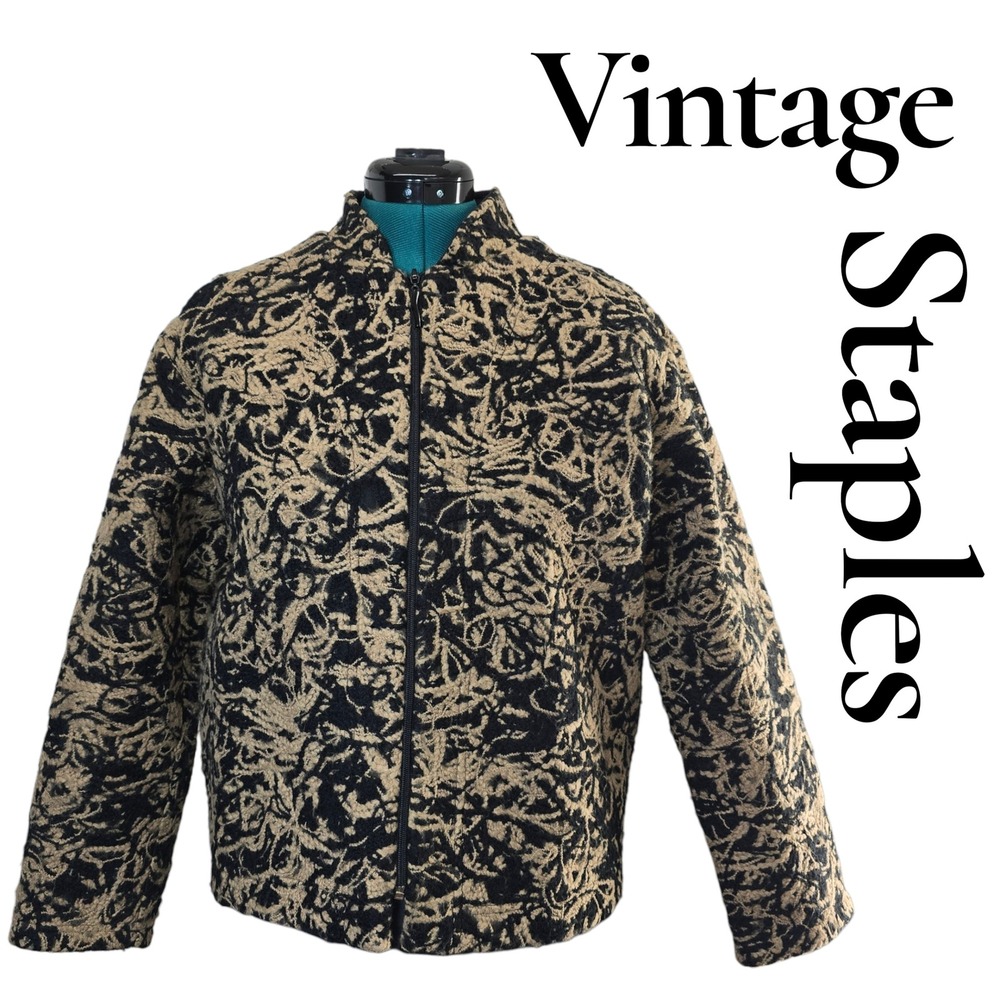 Staples‎ Vintage Swirl Mesh Zip Up Jacket Black Tan Abstract Print Size M